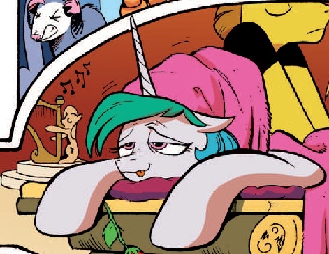 Size: 471x365 | Tagged: safe, artist:andypriceart, derpibooru import, idw, princess celestia, tiberius, spoiler:comicm10, comic, massage, tongue out