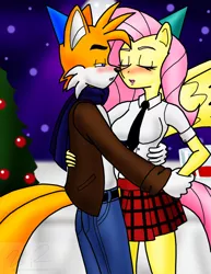 Size: 1268x1645 | Tagged: anthro, artist:sonigoku, christmas tree, clothes, commission, crossover, crossover shipping, dancing, derpibooru import, doctor who thread, fluttershy, fluttertails, fox, gif party, interspecies, jacket, jeans, love, miles "tails" prower, miniskirt, new years eve, punch, safe, scarf, schoolgirl, shipping, skirt, sonic the hedgehog (series), tree