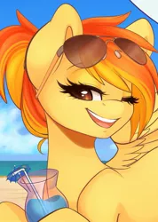 Size: 1229x1725 | Tagged: safe, artist:spittfireart, derpibooru import, spitfire, pegasus, pony, beach, cloud, cute, cutefire, drink, female, glasses, mare, one eye closed, open mouth, sand, sky, smiling, solo, straw, sunglasses, water, wink