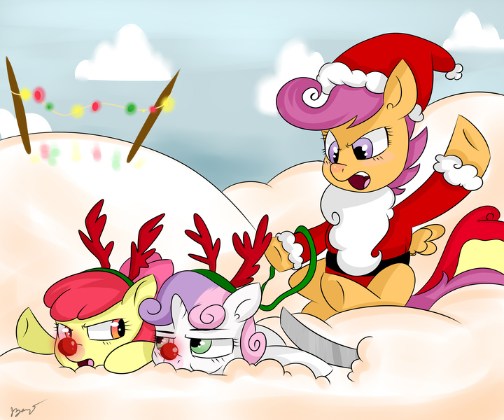 Size: 6000x5000 | Tagged: absurd resolution, apple bloom, artist:bloodyhellhayden, christmas, clothes, cutie mark crusaders, dead source, derpibooru import, fake beard, holiday, red nose, reindeer antlers, rudolph nose, safe, santa costume, scootaloo, sleigh, snow, sweetie belle