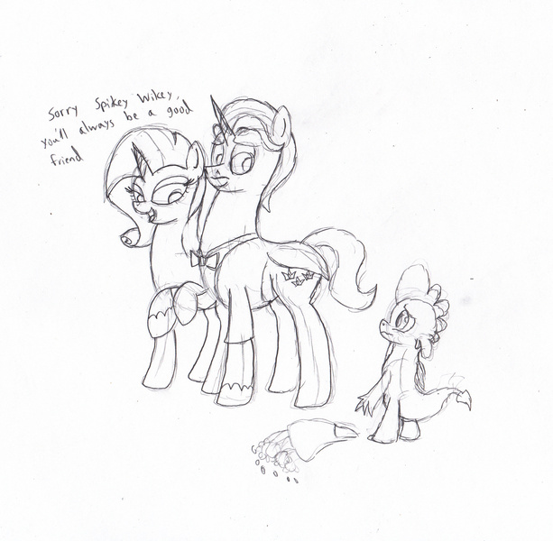 Size: 2276x2227 | Tagged: safe, artist:frikdikulous, derpibooru import, fancypants, rarity, spike, pony, unicorn, bouquet, dialogue, female, friendzone, male, mare, monochrome, raripants, shipping, shipping denied, sketch, stallion, straight, traditional art