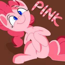 Size: 1000x1000 | Tagged: safe, artist:january3rd, derpibooru import, pinkie pie, earth pony, pony, colored pupils, female, mare, one word, sitting, smiling, solo
