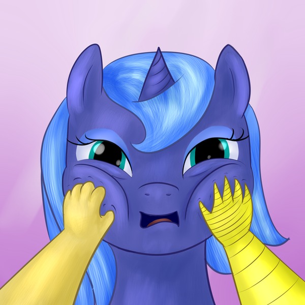 Size: 2000x2000 | Tagged: artist:ponyway, derpibooru import, discord, filly, princess luna, safe, squishy cheeks, woona