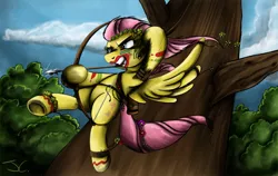 Size: 1200x758 | Tagged: action pose, amazon, arrow, artist:jamescorck, badass, bodypaint, bow and arrow, bow (weapon), derpibooru import, flutterbadass, fluttershy, paint on fur, safe, solo, tree, weapon