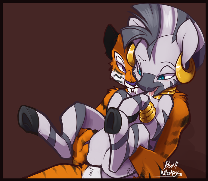 Size: 3200x2777 | Tagged: suggestive, artist:bluntwhiskey, derpibooru import, zecora, oc, anthro, big cat, tiger, zebra, canon x oc, cropped, furry, nudity, simple background