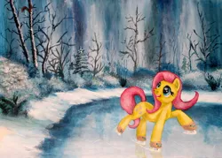 Size: 1600x1143 | Tagged: safe, artist:horseez, derpibooru import, fluttershy, ice, ice skates, ice skating, snow, solo, winter