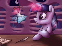 Size: 1600x1200 | Tagged: safe, artist:inkblu, derpibooru import, twilight sparkle, flask, magic, quill, sitting, smiling, solo