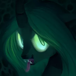 Size: 900x900 | Tagged: safe, artist:dzmaylon, derpibooru import, queen chrysalis, changeling, changeling queen, close-up, dark, fangs, female, glowing eyes, kitchen eyes, licking lips, looking at you, solo, tongue out