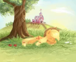 Size: 1024x828 | Tagged: apple, applejack, artist:eljonek, derpibooru import, obligatory apple, safe, sleeping, solo, sweet apple acres, tree