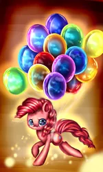 Size: 1024x1707 | Tagged: safe, artist:aquagalaxy, derpibooru import, pinkie pie, earth pony, pony, balloon, cloud, crying, fluffy, reflection, solo, then watch her balloons lift her up to the sky