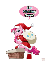 Size: 600x800 | Tagged: safe, artist:norang94, derpibooru import, pinkie pie, pony, bipedal, chimney, clothes, costume, hat, sack, santa hat, santa sack, simple background, solo, tongue out, transparent background