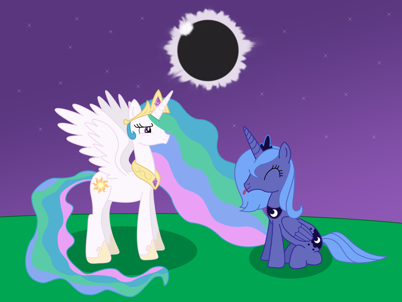 Size: 1200x900 | Tagged: safe, artist:crowfall, derpibooru import, princess celestia, princess luna, eclipse, s1 luna, tongue out