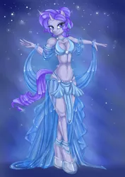 Size: 600x848 | Tagged: anthro, artist:misukitty, belly dancer, bra, breasts, busty rarity, cleavage, clothes, crystallized, crystal rarity, dead source, derpibooru import, female, glass slipper (footwear), hooves, loincloth, midriff, rarity, safe, sash, see-through, skirt, solo, underwear, unguligrade anthro