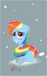 Size: 590x944 | Tagged: artist:joycall6, derpibooru import, freezing, matches, rainbow dash, safe, snow, snowfall, solo