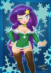 Size: 1759x2500 | Tagged: artist:danmakuman, bell, bell collar, blushing, breasts, busty rarity, christmas, cleavage, clothes, collar, dress, female, human, humanized, jingle bells, light skin, panties, rarity, solo, solo female, stockings, suggestive, thigh highs, underass, underwear, wink