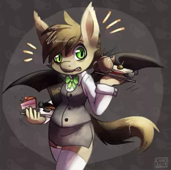 Size: 619x617 | Tagged: safe, artist:sharmie, derpibooru import, oc, oc:mocha, unofficial characters only, anthro, bat pony, anthro oc, bow, cake, clothes, cup, drink, food, olive, plate, sandwich, solo, tea, teacup, teapot, toothpick, waitress