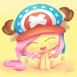 Size: 4000x4000 | Tagged: artist:oathkeeper21, crossover, cute, eyes closed, fluttershy, hat, one piece, open mouth, safe, shyabetes, solo, tony tony chopper