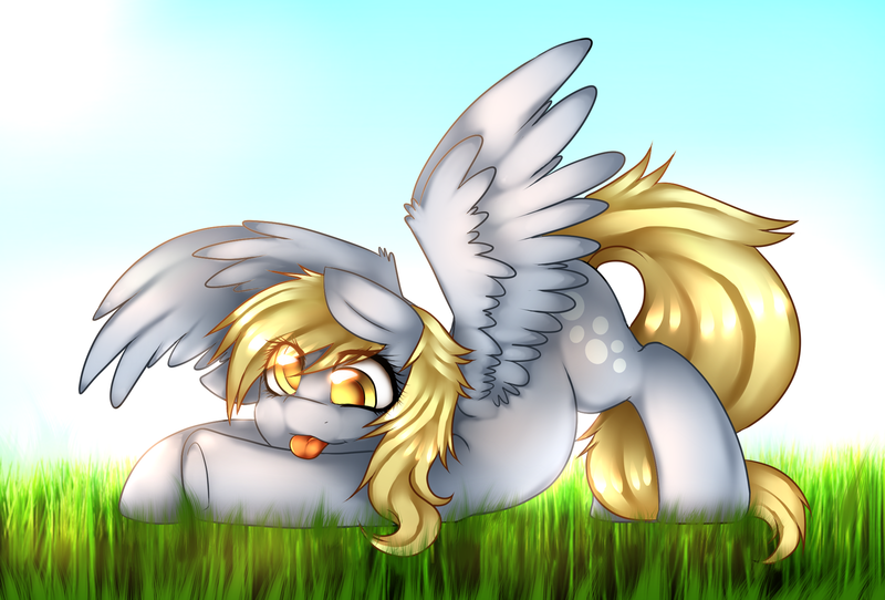 Size: 2000x1356 | Tagged: safe, artist:mixipony, derpibooru import, derpy hooves, pegasus, pony, face down ass up, female, grass, mare, solo, tongue out