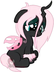 Size: 638x852 | Tagged: artist:ipandacakes, changeling, changeling oc, derpibooru import, heart, hybrid, interspecies offspring, magical lesbian spawn, oc, oc:pomf puff, offspring, parent:oc:fluffle puff, parent:queen chrysalis, parents:canon x oc, parents:chrysipuff, pink changeling, sad, safe, simple background, solo, transparent background, unofficial characters only, vector
