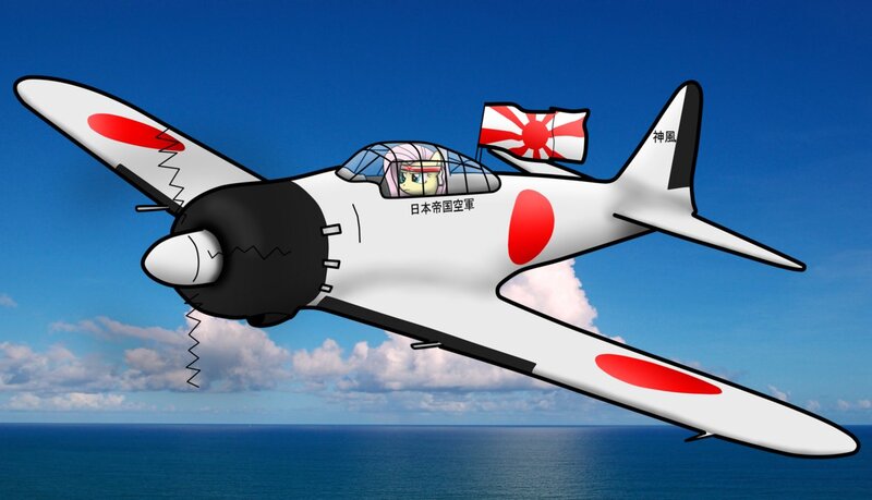 Size: 1179x677 | Tagged: artist:facelesssoles, cloud, cloudy, derpibooru import, flag, fluttershy, japan, japanese, kamikaze, mitsubishi a6m zero, ocean, pilot, plane, rising sun, safe, solo