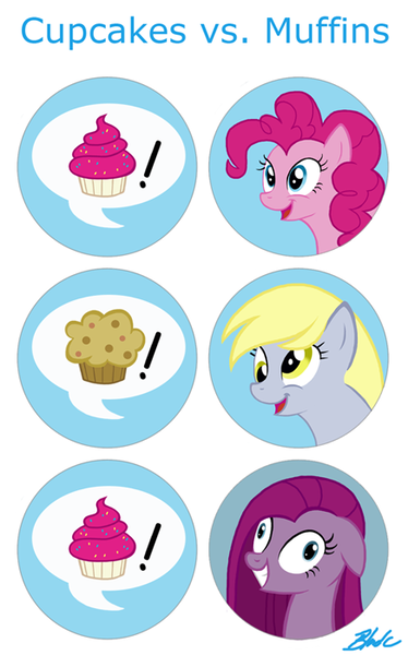 Size: 436x700 | Tagged: safe, artist:caycowa, derpibooru import, derpy hooves, pinkie pie, pegasus, pony, contemplating insanity, cupcake, cupcakes vs muffins, female, mare, muffin, pinkamena diane pie