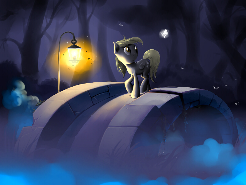 Size: 800x600 | Tagged: safe, artist:doomy, derpibooru import, derpy hooves, pegasus, pony, bridge, female, forest, lantern, mare, solo