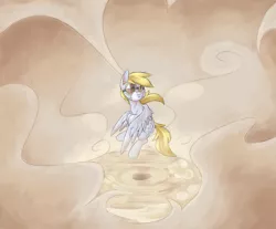 Size: 962x795 | Tagged: safe, artist:yeendip, derpibooru import, derpy hooves, pegasus, pony, action pose, female, flying, goggles, mare, mask, sandstorm, solo