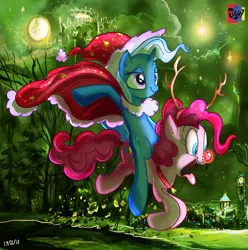 Size: 1748x1763 | Tagged: safe, artist:jowybean, derpibooru import, pinkie pie, trixie, deer, earth pony, pony, reindeer, unicorn, antlers, bell, cape, christmas, clock, clock tower, clothes, cloud, cloudsdale, collar, cutie mark, duo, flying, hat, holiday, horn, moon, ponies riding ponies, reindeer antlers, rudolph nose, santa hat, stars, tongue out, tree