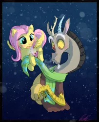 Size: 933x1149 | Tagged: safe, artist:c-puff, derpibooru import, discord, fluttershy, draconequus, pegasus, pony, blushing, clothes, cold, cute, digital art, discoshy, discute, female, flying, frown, male, mare, night, night sky, open mouth, scarf, shipping, shyabetes, signature, sky, snow, snowfall, snowflake, stars, straight, winter