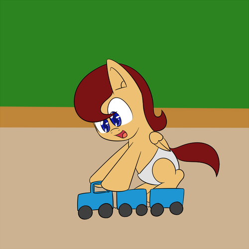 Size: 500x500 | Tagged: safe, artist:jake heritagu, derpibooru import, oc, oc:lightning blitz, unofficial characters only, pegasus, pony, baby, baby pony, colt, lightning blitz answers, male, offspring, parent:rain catcher, parent:scootaloo, parents:catcherloo, solo, toy, toy train, train, tumblr