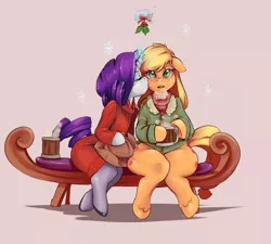 Size: 2500x2250 | Tagged: suggestive, artist:sundown, derpibooru import, applejack, rarity, earth pony, semi-anthro, unicorn, applebucking thighs, blushing, christmas, clothes, couch, eyes closed, female, freckles, holiday, holly, holly mistaken for mistletoe, hot chocolate, kissing, lesbian, magic, mare, open mouth, rarijack, shipping, sweater, unshorn fetlocks