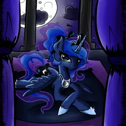 Size: 800x800 | Tagged: safe, artist:evehly, derpibooru import, princess luna, alicorn, pony, bed, curtain, dark clouds, female, moon, ponytail, ribbon, solo, tail bow, throne room