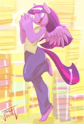 Size: 540x800 | Tagged: safe, artist:jingx1, derpibooru import, twilight sparkle, alicorn, anthro, plantigrade anthro, adorkable, barefoot, book, clapping, clothes, cute, dork, excited, feet, happy, hoof popping, nerdgasm, open mouth, raised leg, smiling, solo, spread wings, that pony sure does love books, twilight sparkle (alicorn), waistcoat, wingding eyes