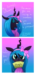 Size: 600x1209 | Tagged: safe, artist:jokerpony, derpibooru import, queen chrysalis, ask teen chrysalis, :3, bow, clothes, cute, cutealis, mouth hold, sign, solo, sweater, tumblr