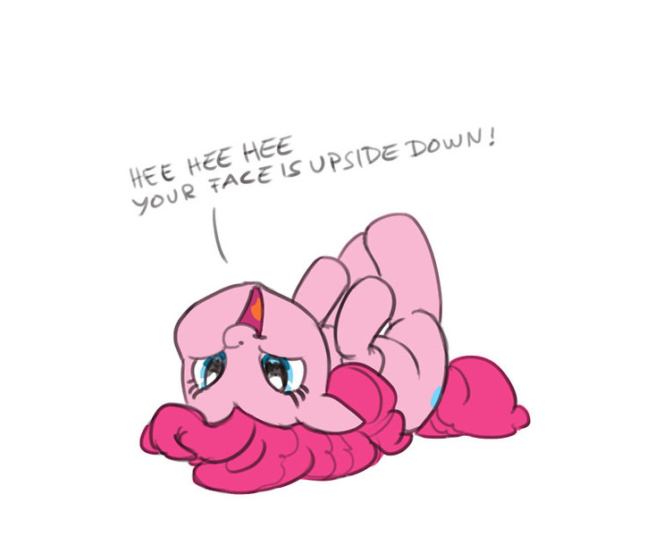 Size: 745x610 | Tagged: safe, artist:carnifex, derpibooru import, pinkie pie, pony, cute, dialogue, diapinkes, floppy ears, happy, looking at you, on back, open mouth, pinkieface, silly, silly pony, simple background, smiling, solo, upside down, weapons-grade cute