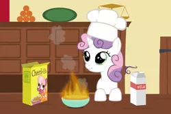 Size: 680x453 | Tagged: artist:ohitison, cereal, cheerilee, cheerios, chef's hat, cooking, derpibooru import, edit, fire, food, hat, how, milk, pyro belle, safe, scrunchy face, simpsons did it, solo, sweetie belle, sweetie belle can't cook, sweetiedumb, sweetie fail, the simpsons, toque