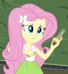 Size: 648x709 | Tagged: safe, artist:totallynotabronyfim, derpibooru import, edit, fluttershy, equestria girls, gun, gun magazine, handgun, pistol, solo, trigger discipline, weapon