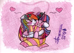 Size: 1000x716 | Tagged: safe, artist:shikimaakemi, derpibooru import, rainbow dash, twilight sparkle, blushing, clothes, eyes closed, female, grin, heart, holding, holly, hug, lesbian, nuzzling, scarf, shared clothing, shared scarf, shipping, smiling, twidash