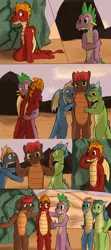 Size: 1280x2880 | Tagged: artist:fuzebox, comic, crying, derpibooru import, dragon, friendship, hug, oc, oc:magma, oc:mangle, oc:sharp, oc:snort, older, pushing, sad, safe, semi-anthro, spike, spike's journey, sunrise, teenaged dragon, teenager, teenage spike