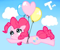 Size: 1000x830 | Tagged: safe, artist:tama real, derpibooru import, pinkie pie, balloon, flying, pixiv, solo, then watch her balloons lift her up to the sky