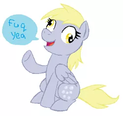 Size: 401x380 | Tagged: safe, artist:darlimondoll, derpibooru import, derpy hooves, pegasus, pony, dialogue, fuck yeah, open mouth, raised hoof, simple background, sitting, smiling, solo, speech bubble, vulgar, white background