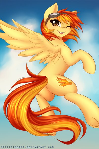 Size: 1600x2400 | Tagged: safe, artist:spittfireart, derpibooru import, spitfire, pegasus, pony, cloud, cute, cutefire, female, goggles, looking at you, mare, one eye closed, smiling, solo, underhoof, wink