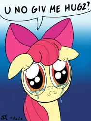 Size: 1800x2400 | Tagged: adorabloom, apple bloom, artist:tomtornados, bronybait, :c, colored, crying, cute, derpibooru import, floppy ears, frown, gradient background, hug request, looking at you, puppy dog eyes, sad, sad face, sadorable, safe, solo, source needed, speech bubble