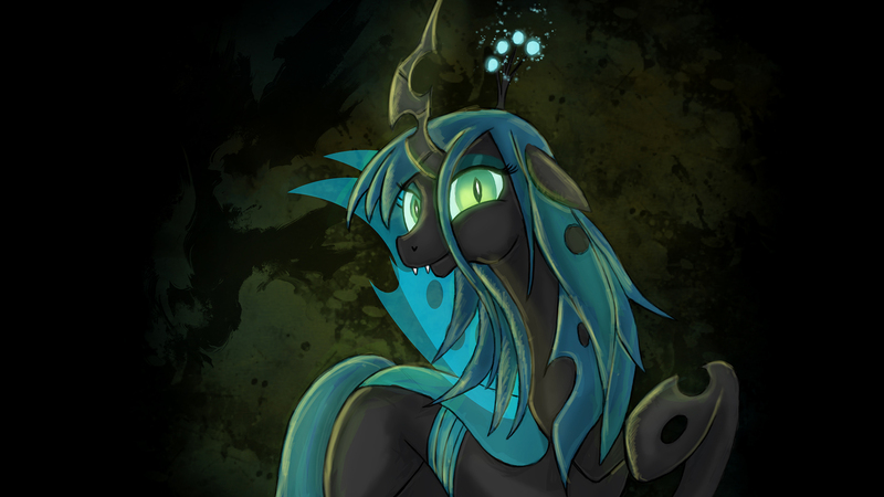 Size: 1920x1080 | Tagged: artist:rariedash, changeling, changeling queen, crown, derpibooru import, edit, fangs, female, glowing eyes, glowing horn, green eyes, horn, jewelry, queen chrysalis, regalia, safe, solo, wallpaper