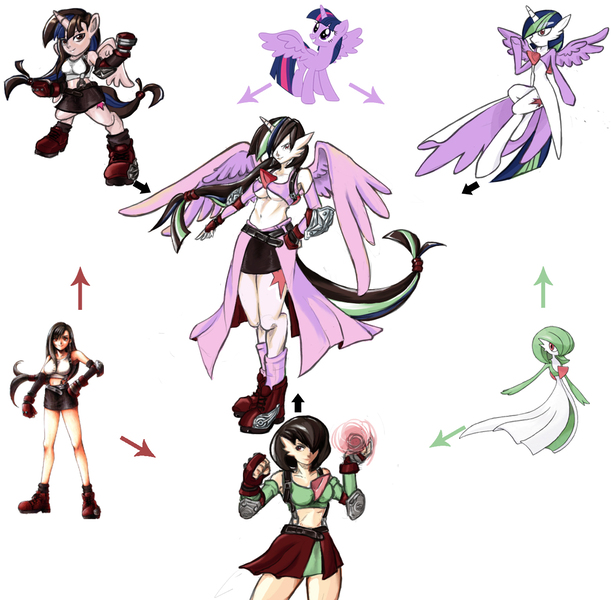 Size: 1300x1276 | Tagged: safe, artist:valornomad, derpibooru import, twilight sparkle, twilight sparkle (alicorn), alicorn, gardevoir, pony, female, final fantasy, final fantasy vii, fusion, fusion diagram, hexafusion, mare, pokémon, tifa lockhart