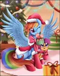 Size: 3278x4143 | Tagged: safe, artist:pridark, derpibooru import, rainbow dash, scootaloo, pegasus, pony, christmas, christmas tree, clothes, cute, female, filly, hat, mare, present, pridark is trying to murder us, santa costume, santa hat, scootalove, tree