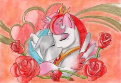 Size: 1024x707 | Tagged: safe, artist:diablicka, derpibooru import, oc, unofficial characters only, alicorn, pony, unicorn, alicorn oc, earring, eyes closed, eyeshadow, female, flower, heart, kissing, male, piercing, rose, shipping, spread wings, straight, traditional art