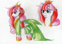 Size: 1024x729 | Tagged: safe, artist:diablicka, derpibooru import, oc, unofficial characters only, pegasus, pony, clothes, cross-eyed, crown, cute, dress, flower, flower in hair, gala dress, heart, rose, smiling, solo, standing, tiara, traditional art