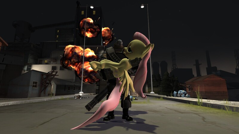 Size: 1366x768 | Tagged: 3d, artist:clintr, bridal carry, derpibooru import, explosion, fluttershy, gmod, heavy weapons guy, hero, mann vs machine, mvm, robot, safe, sparks, team fortress 2