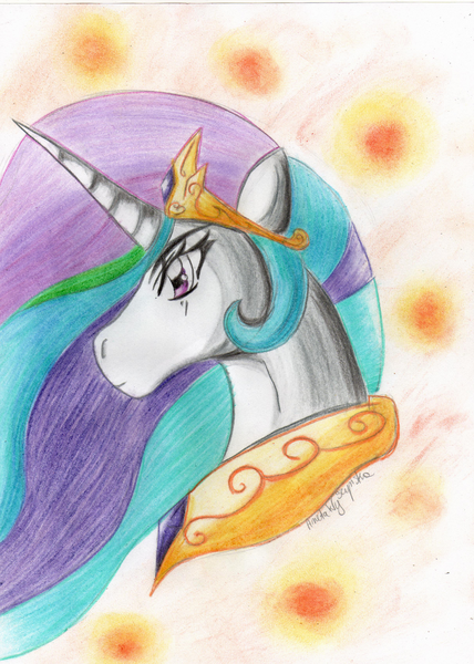 Size: 730x1024 | Tagged: artist:diablicka, derpibooru import, portrait, princess celestia, safe, solo, traditional art